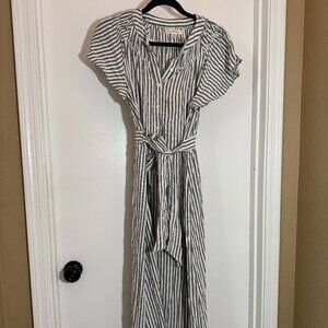 Charcoal & White Striped Tie Waist Button Maxi Dress XS